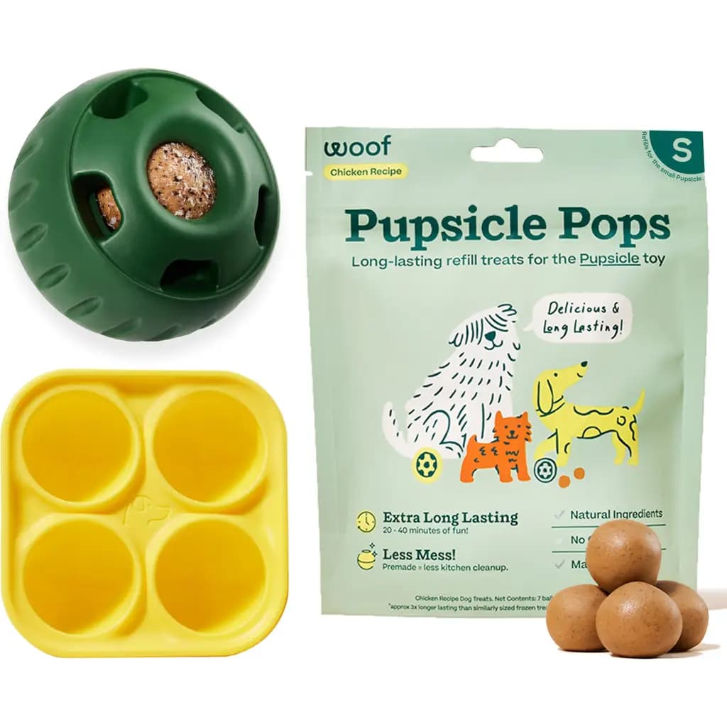 Woof Starter Pack Chicken Flavored Treats, Silicone Mold & Pupsicle Dog Toy, Small