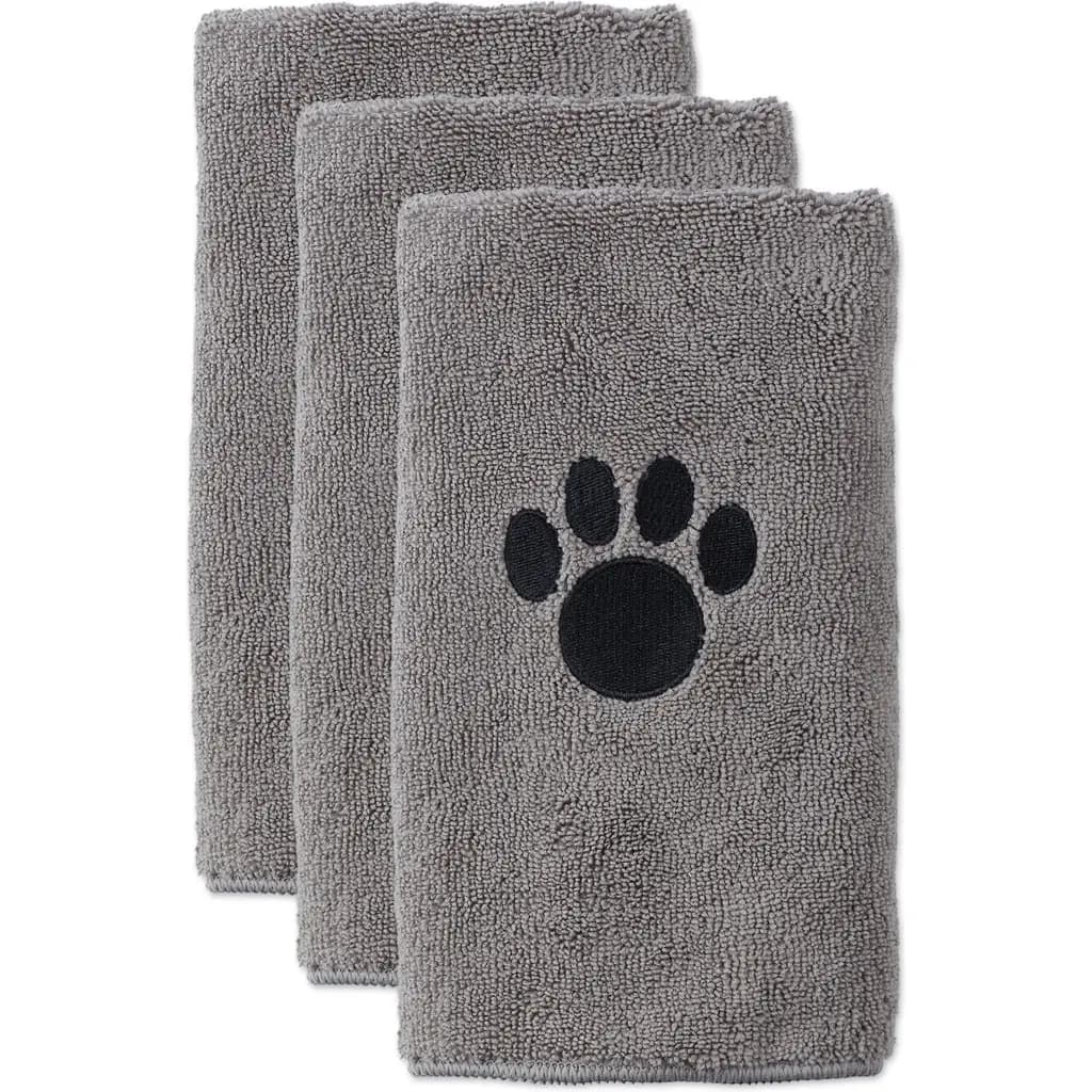 Small Embroidered Paw Dog & Cat Towel Set, 3 count, Gray
