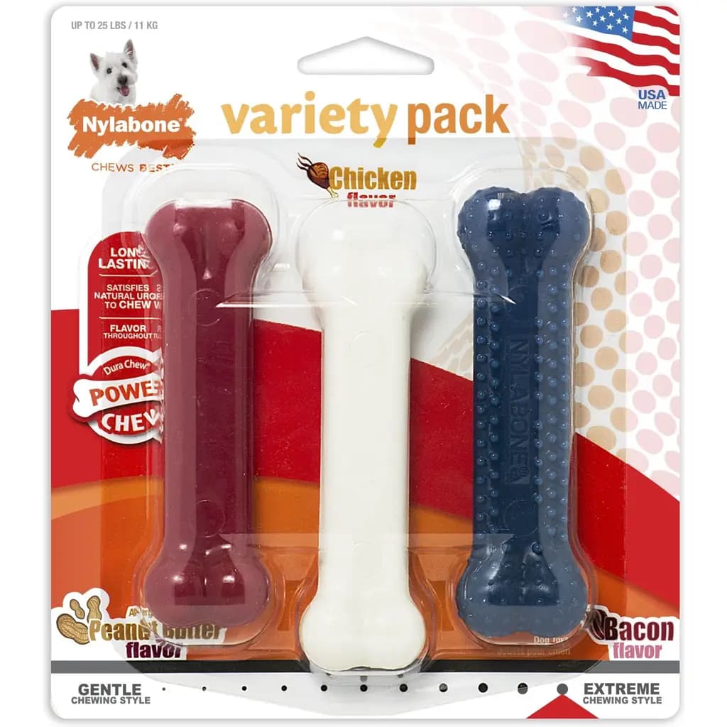 Nylabone Power Chew Variety Pack, Chicken, Bacon & Peanut Butter Dog Treats, Small, 3 count