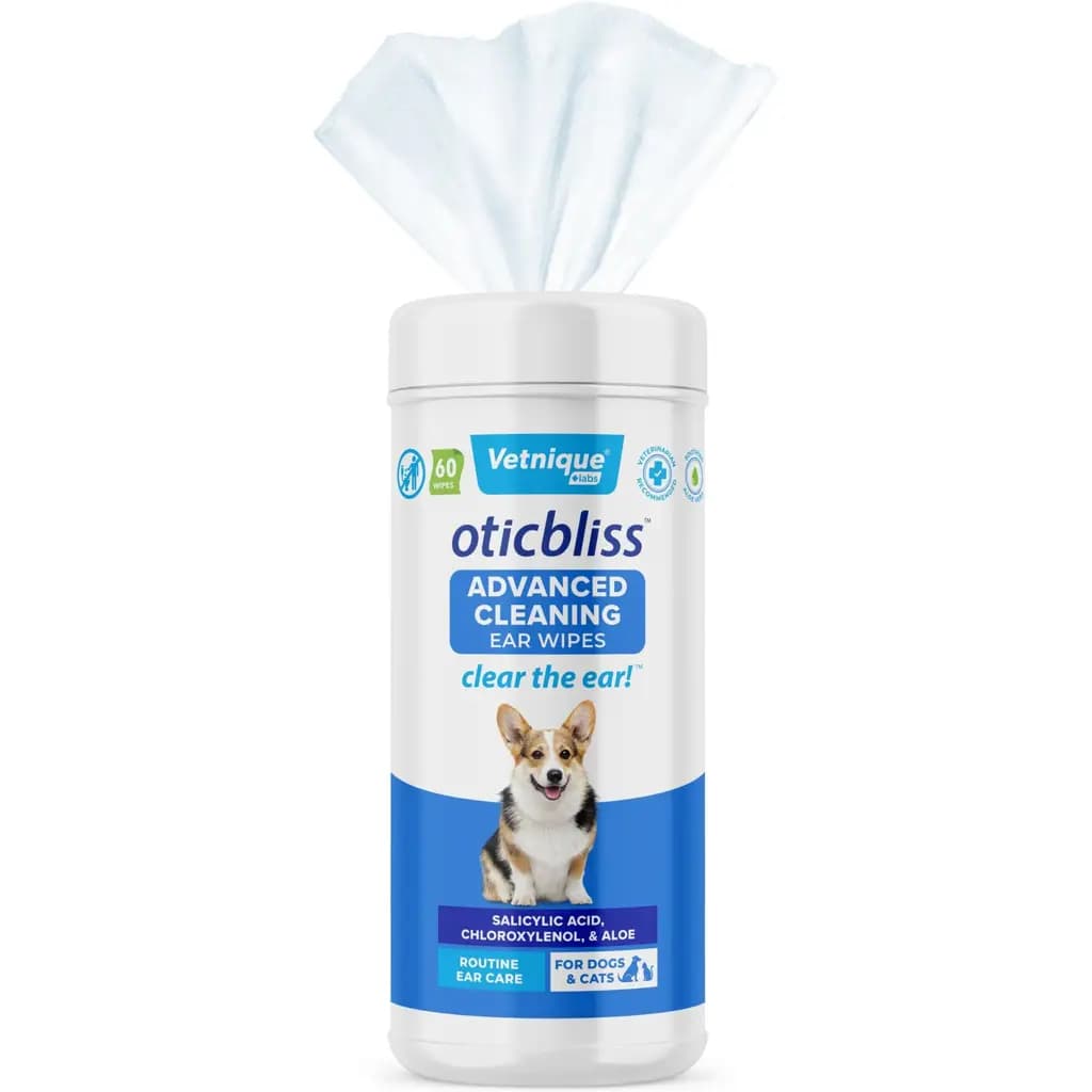 Vetnique Labs Oticbliss Advanced Cleaning, Soothing Aloe & Odor Control, Dirt & Wax Removal Dog & Cat Ear Wipes, 60 count