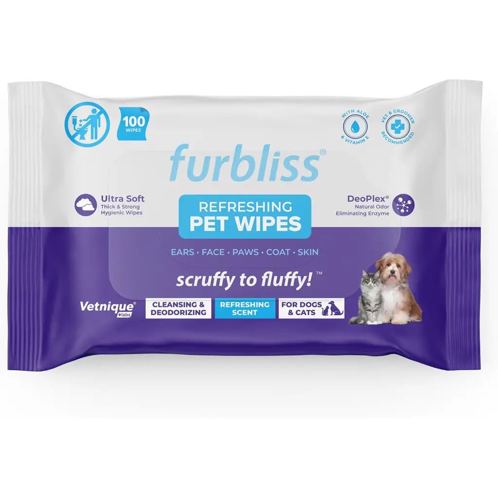 Vetnique Labs Furbliss Refreshing Scent Cleansing & Deodorizing Hypoallergenic Paw & Body Dog & Cat Bathing & Grooming Wipes, 100 count