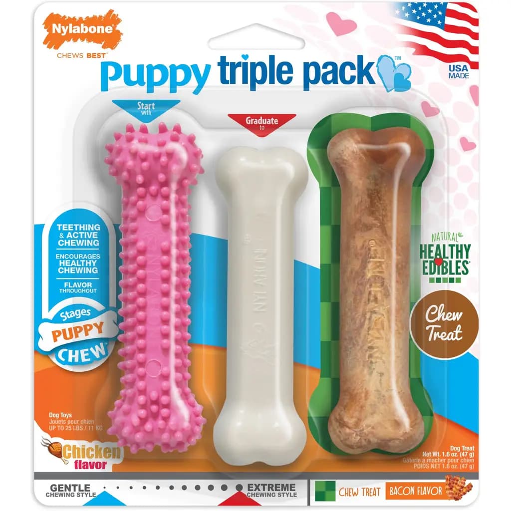 Nylabone Puppy Chew Variety Toy & Treat Triple Pack Pink, Small
