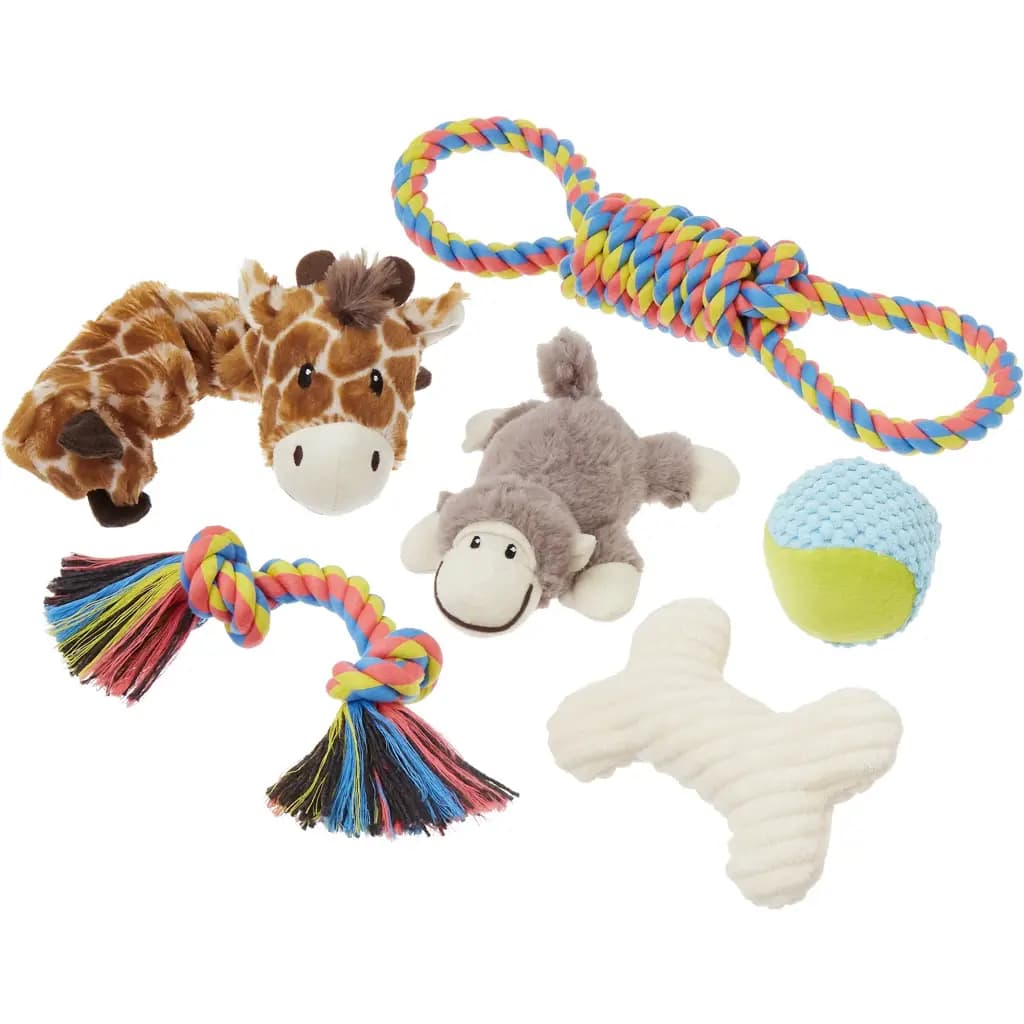 Frisco Jungle Pals Plush & Rope Variety Pack Dog Toy, Small/Medium, 6 count