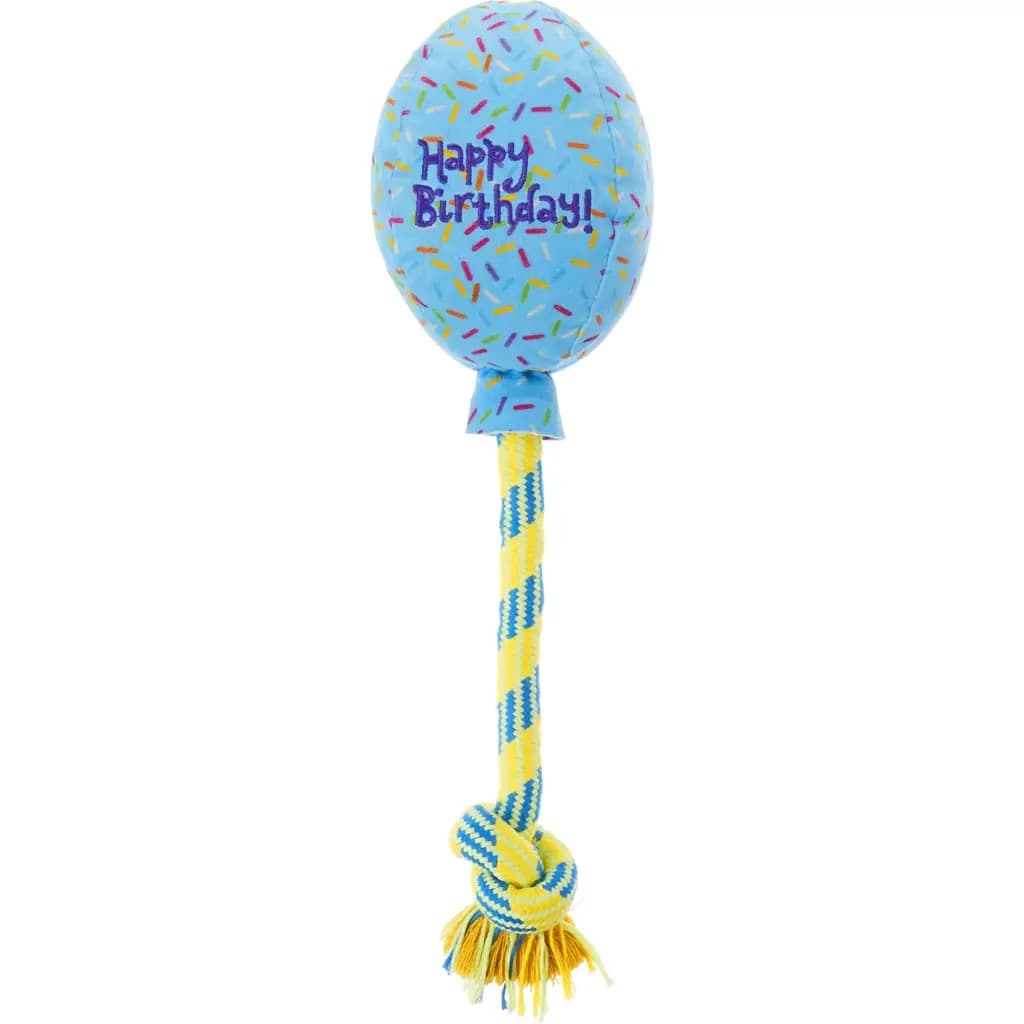 Birthday Balloon Plush with Rope Squeaky Dog Toy, Blue, Medium/Large